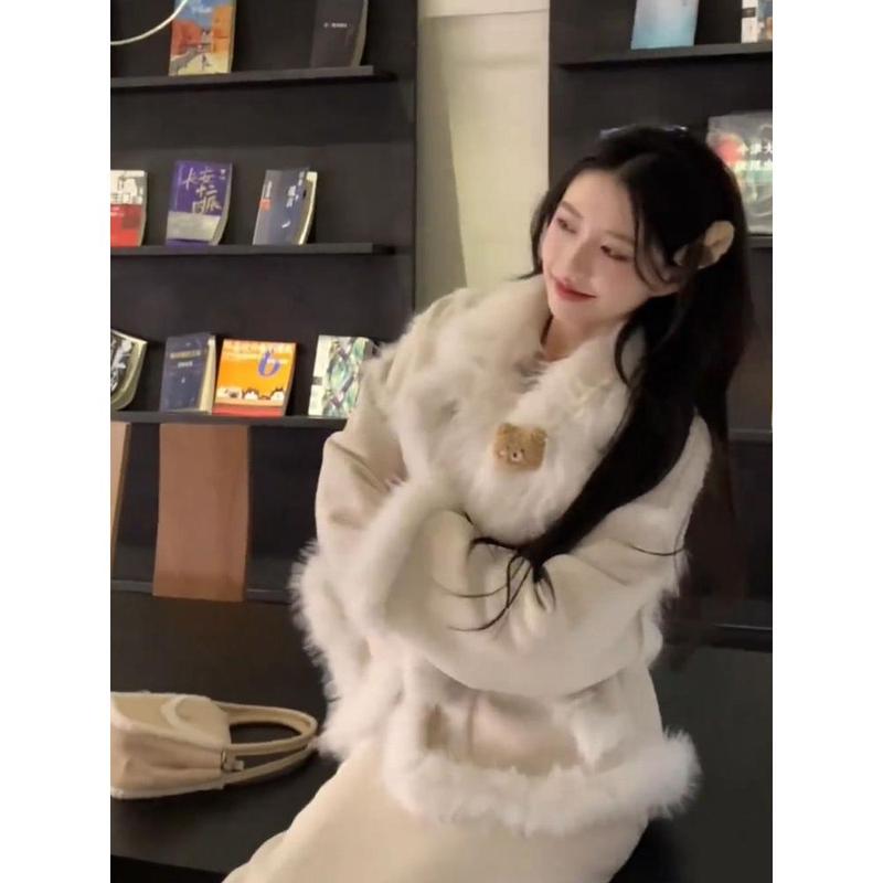 Bộ Đồ Trắng Cổ Điển Dành Cho Nữ, Ngầu Và Hào Phóng, Áo Khoác Lông Thú Mùa Đông, Váy Cạp Cao, [Áo Khoác Năm Mới] Jacket Women Top 8