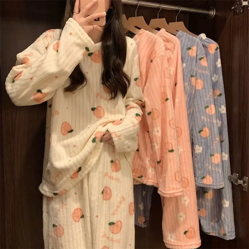 Bộ Đồ Ngủ Nhung San Hô Cho Nữ, Phong Cách Hàn Quốc, Ngoại Cỡ, Lót Lông Cừu, Nhồi Bông Dày Dặn, Thích Hợp Cho Mùa Thu Và Mùa Đông, Đồ Mặc Nhà, Bộ Đồ Ấm Áp, Hàng Mới Về Ngày: 2022 / 04 / 24