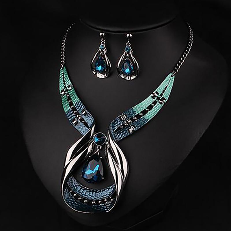 Product Introduction of bilugh_ Necklace Earrings Set Rhinestone Decor Durable Dangle Earrings Ladies Necklace Earrings Jewelry Kit for Banquet Water Drop Shape 0