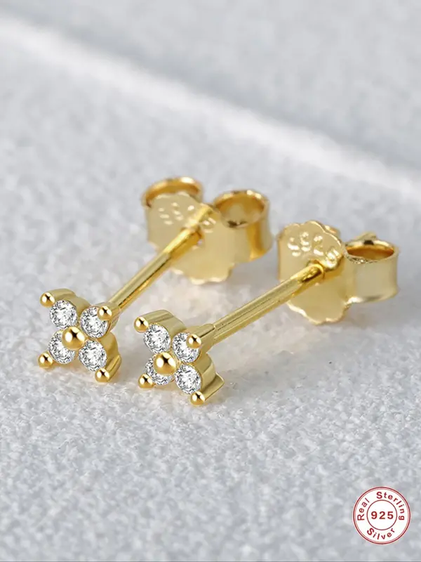 925 Sterling Silver Flower Design Earrings, Fashionable Rhinestone Decorated Earrings for Women, Casual Jewelry for Party, Daily Clothing Decor, Trendy All-match & Exquisite Jewelry for Gift 3