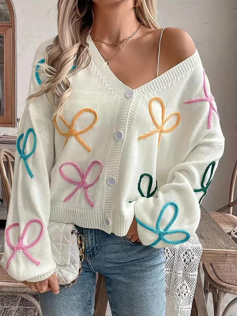 Product Introduction of Women's Colorblock Bow Pattern V Neck Sweater Cardigan, Casual Long Sleeve Cardigan for Spring, Fashion Women's Knitwear for Daily Wear Valentine's Day, gift 3