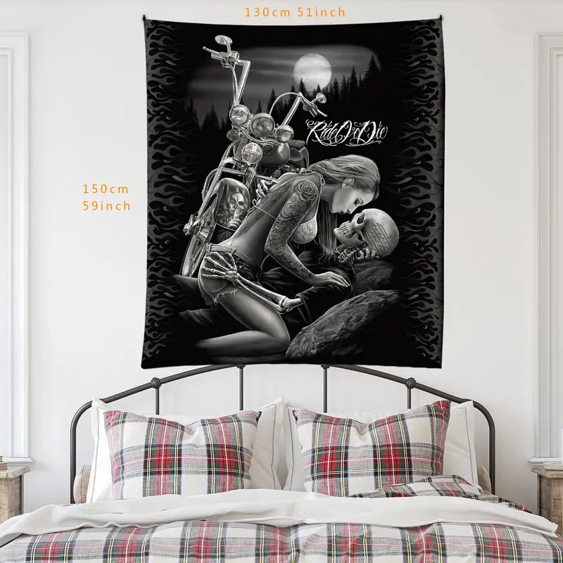 Halloween Motorcycle & Couple Pattern Tapestry, Halloween Decor Gothic Style Wall Hanging, Wall Decor for Home Living Room Bedroom Office Dormitory, Valentine's Day Gift Idea 4