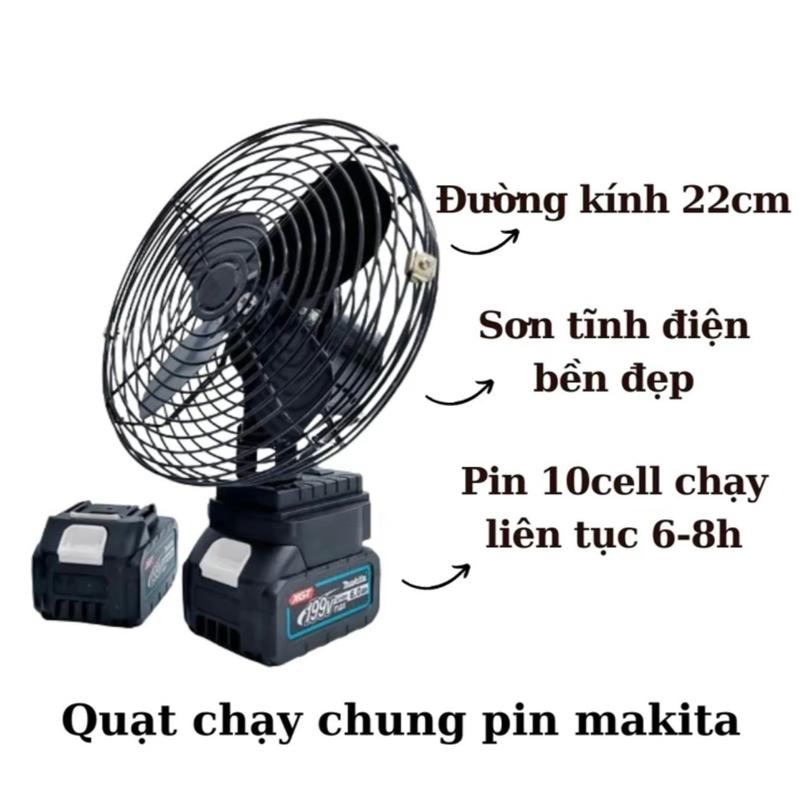 Quạt tích điện pin 10 cell dùng liên tục 8h, quạt makita để bàn 2 cấp độ gió siêu mát