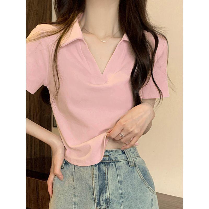 Áo Thun Ngắn Tay Cổ Polo, Màu Đỏ Rượu Vang, Dành Cho Nữ, Phong Cách Hàn Quốc, Dáng Ôm, Cổ Chữ V, Vai Nhỏ Áo Ngắn, Thích Hợp Cho Mùa Xuân Và Mùa Hè 2024 5