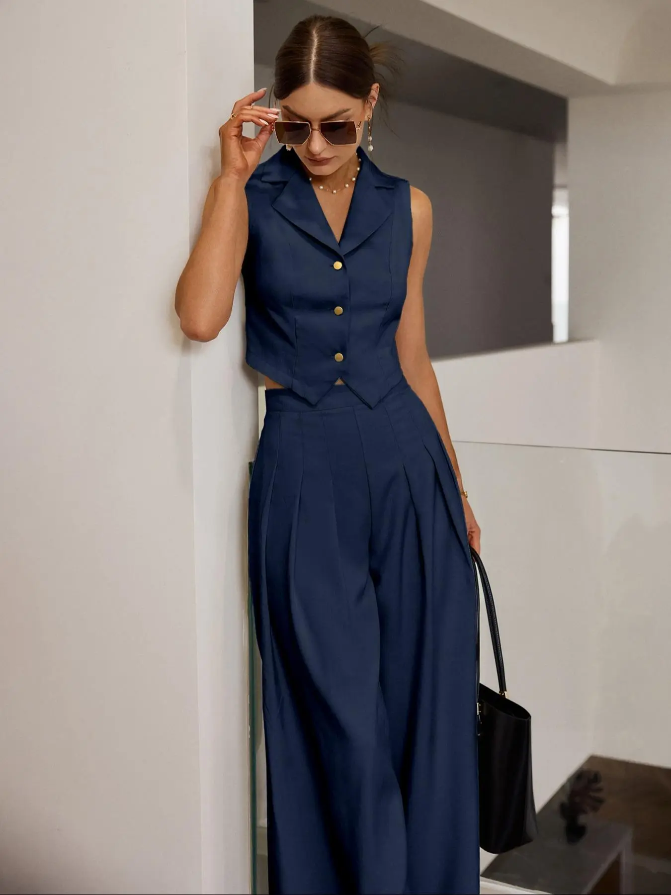Women's Solid Color Button Vest & Wide Leg Pants Set, Casual Fashion Cozy Two-piece Outfits for Daily Outdoor Wear, Ladies Clothes for All Seasons