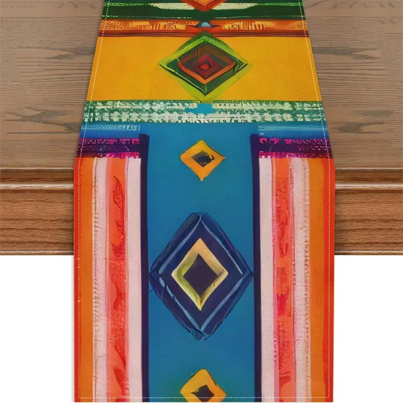 Colorful Geometric Pattern Table Runner, Durable Decoration for Kitchen, Dining, Indoor Outdoor Family Gatherings, Perfect for Festive Celebrations Home Parties 0