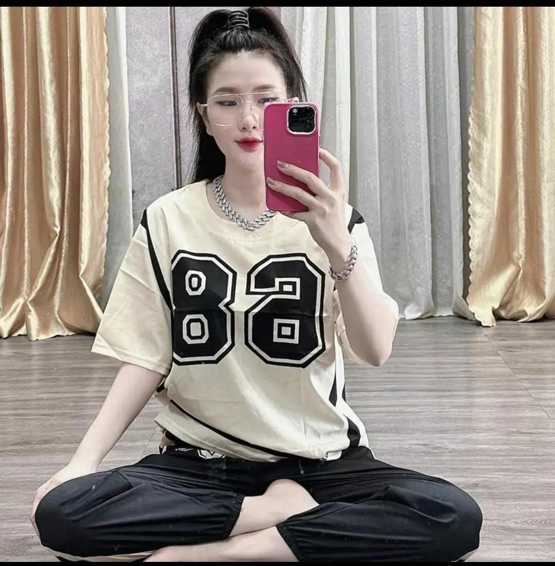 Set đồ bộ cotton quần bo chun - In số cá tính - sản phẩm y hình Nữ Women Áo Top