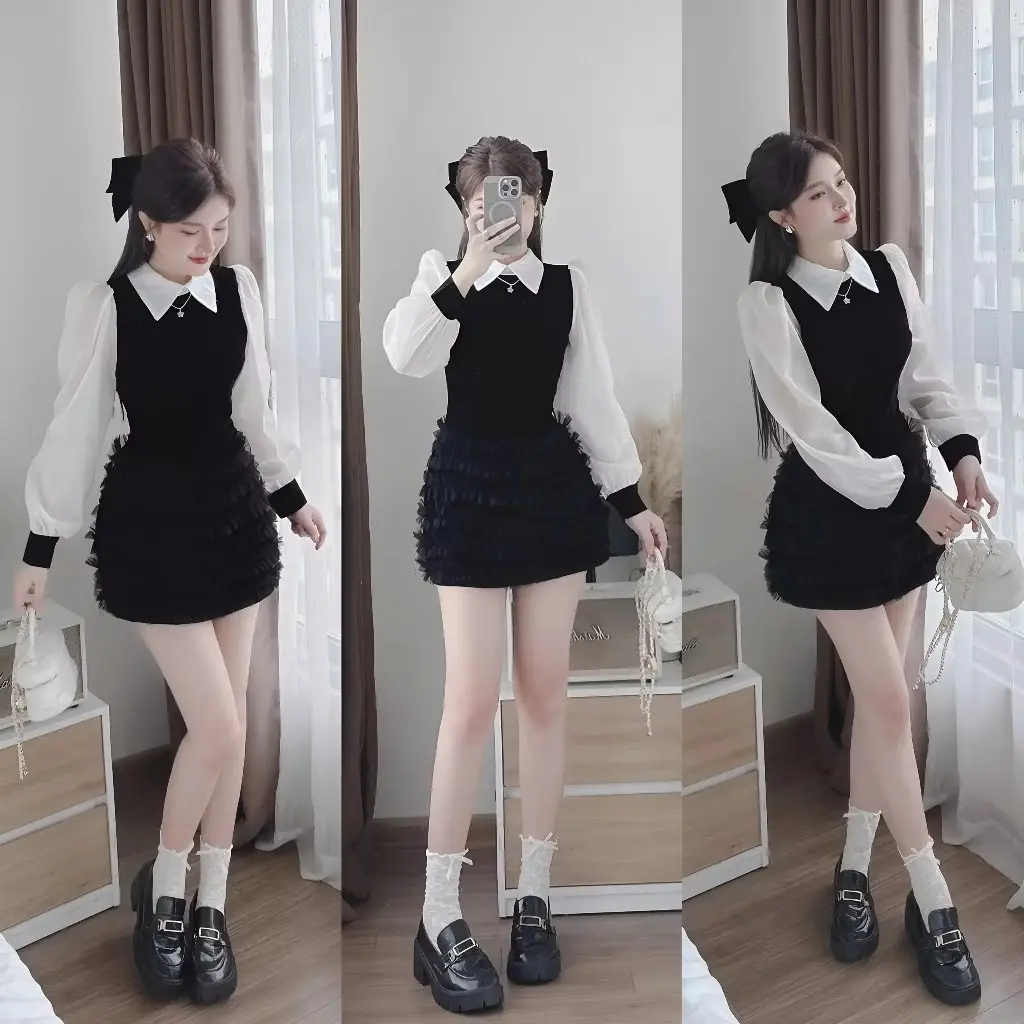 Đầm nhung dáng ngắn bèo ren phối cổ sơ mi và tay dài voan dễ thương cho nàng đi chơi và dự tiệc M08