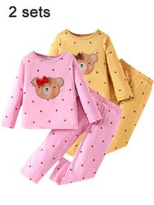 Toddler Girl's Cartoon Bear Patched Bow Decor Tee & Polka Dot Print Pants Set, Cute Long Sleeve Round Neck Top & Elastic Waist Trousers, Kids Sleepwear for All Seasons