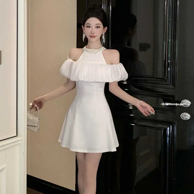 Váy Làm Móng Khoan Thủ Công Dành Cho Phụ Nữ, Cổ Yếm Cổ Thiết Kế Xếp Ly Viền, Eo Cinching Women Dress Trắng Khuy