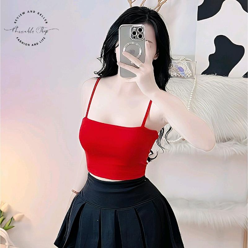Áo Bra Borip 2 Dây Xếp Ly Ôm Body (Có Mod), Chất Dày 2 Lớp, Nữ Women Dáng Ngắn, Dáng Ôm, Kaki Top Thun