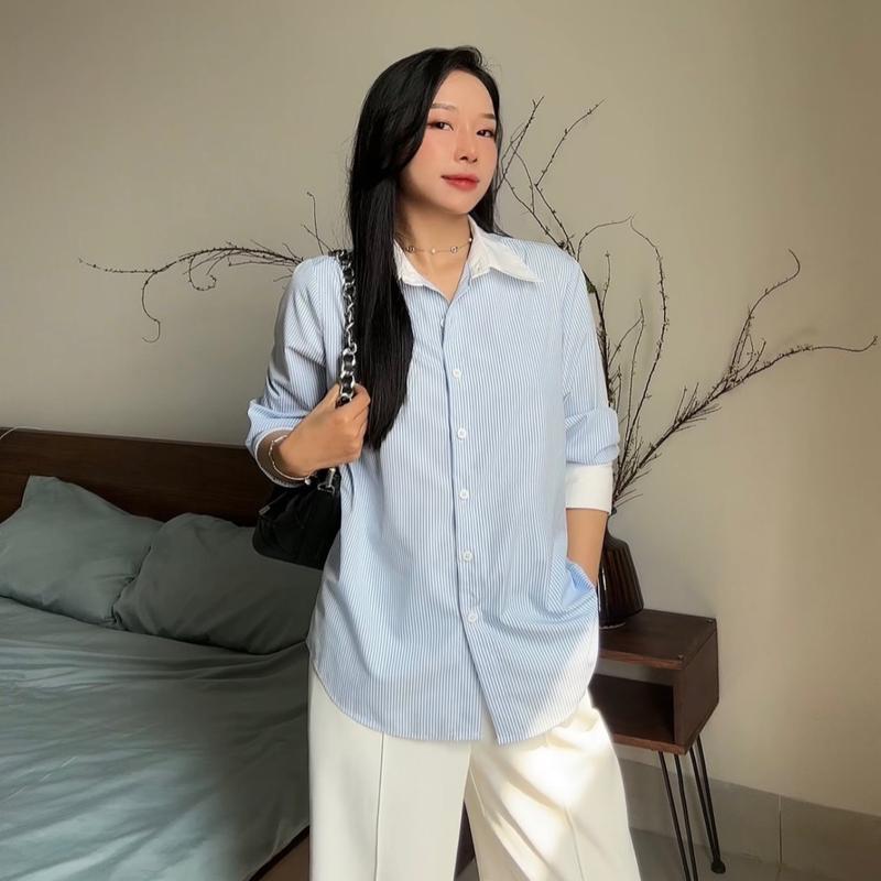 Áo Sơ Mi Nữ Kẻ Xanh Chất Kate Không Nhăn Women Top Voi - Miolady