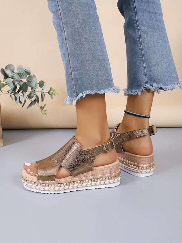 Women's Fashionable Solid Color Wedge Sandals, 1 Pair Casual Versatile Hollow out Design Buckle Decorated Sandals, Trendy Shoes for Summer 1