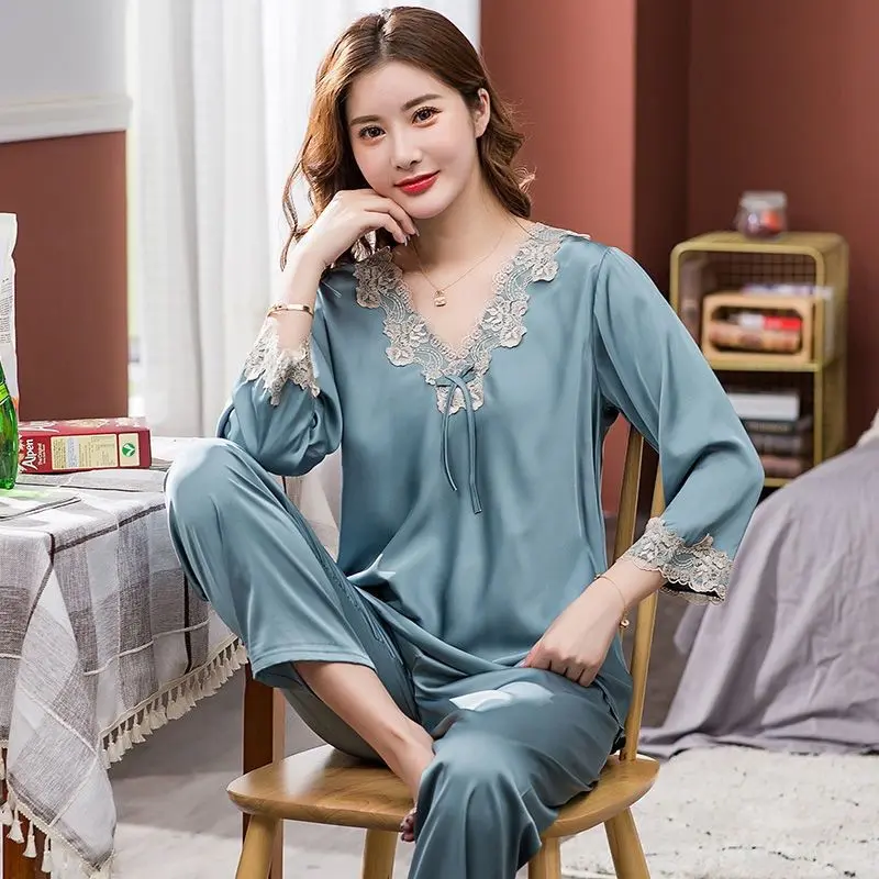 Women's Pajamas Summer Long-Sleeve Suit Korean Style Thin Ice Silk Short Sleeve Homewear plus Size Longsleeve Nightwear Loungewear