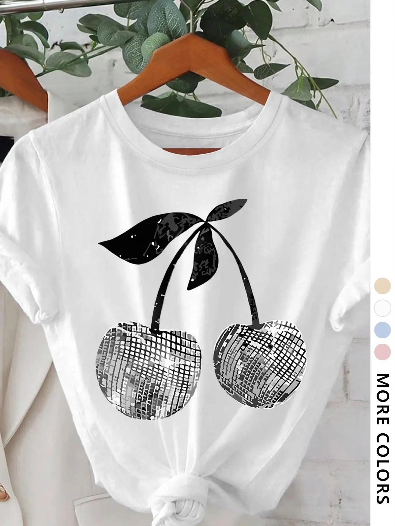 Women's Cherry Print Round Neck Tee, Casual Fashion Short Sleeve Crew Neck T-shirt for Summer, Fashion Women's Top for Daily Wear