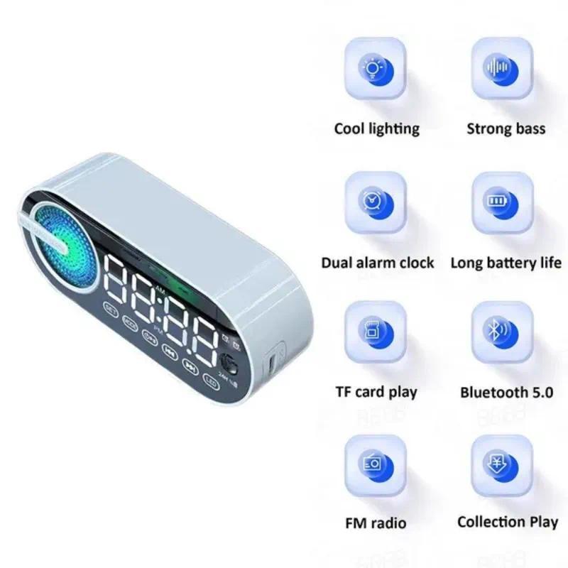 Product Introduction of Mini Wireless Bluetooth Speaker LED Plastic  Alarm Clock Multifunctional Stereo Speaker  Smartphone TF Card FM Colorful Lighting  Portable Small Alarm Clock Audio 8