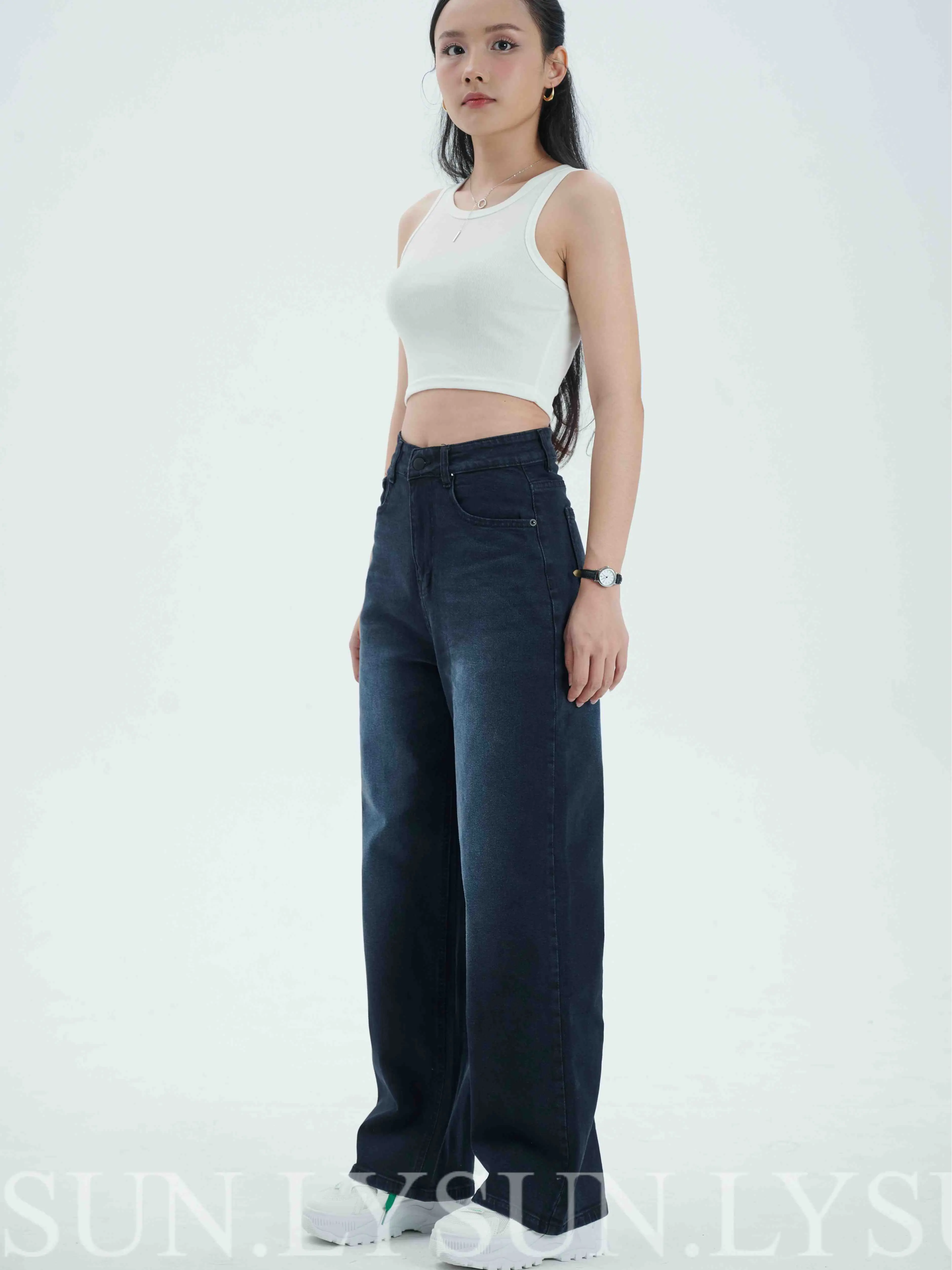 Quần jeans ống suông dài màu xám đen xi măng cotton co dãn nhẹ