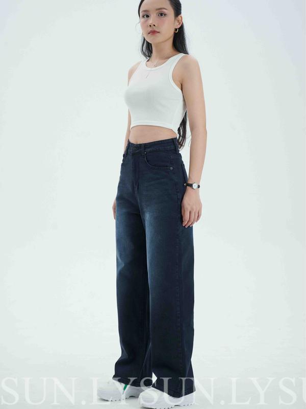 Quần jeans ống suông dài màu xám đen xi măng cotton co dãn nhẹ