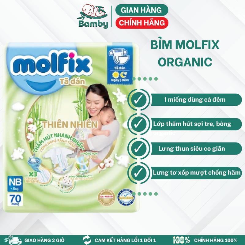 Miếng lót Bỉm molfix Dán Thiên nhiên NB70 NB1-100 NB2-66- Lớp bề mặt với sợi tre tự nhiên và bông hữu cơ