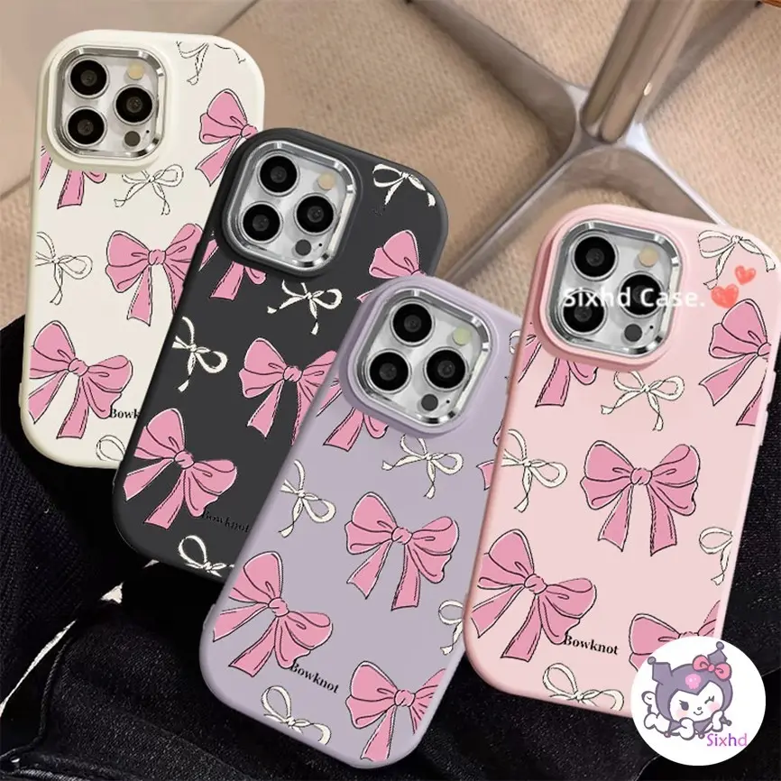 Casing For Vivo Y03 Y18 Y28 Y17S Y20 Y21 Y22 Y12S Y27 Y36 Y11 Y100 Y16 Y12A Y15S Y17 Y02T Y01 Y20S Y15A Y36 Y35 Y1S V30 V29 V25E Cartoon Cute Girls Pink Bowtie Cellphone Case Silicon Plating Metal Lens Bumper Protector Soft Cover Accessories Protection