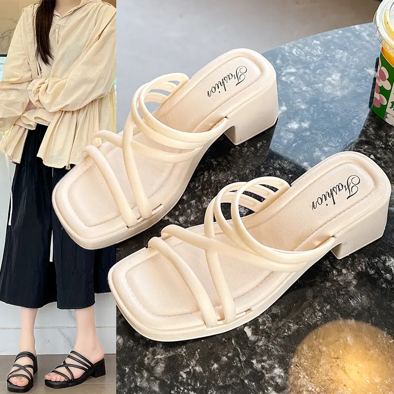 High Heel Sandals for Women Summer Fashion Thin Strap Sandals Export Thick Sole Slippers Women Beach Outdoor Wear Sandals