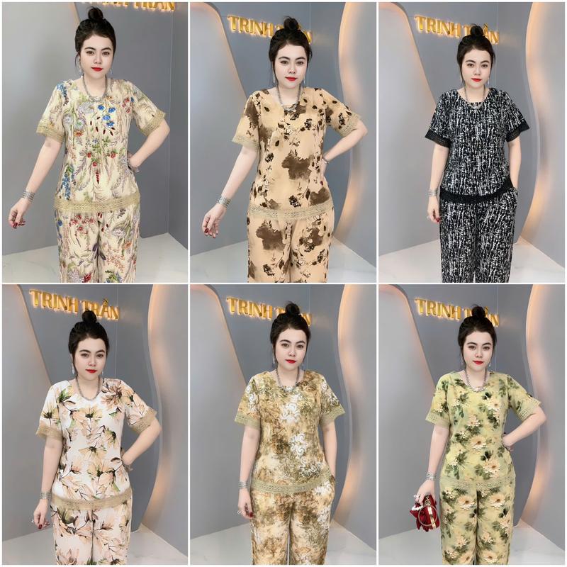  đồ bộ trung niên cho mẹ mẫu CỔ TRÒN PHỐI REN BÔNG tay lỡ quần dài bộ gồm áo và quần thiết kế sang trọng món quà tặng mẹ. 