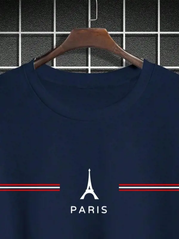 Men's Letter & Striped & Eiffel Tower Print Round Neck Tee, Casual Plus Size Short Sleeve T-shirt for Summer, Men's Plus Clothes for Daily Wear 2