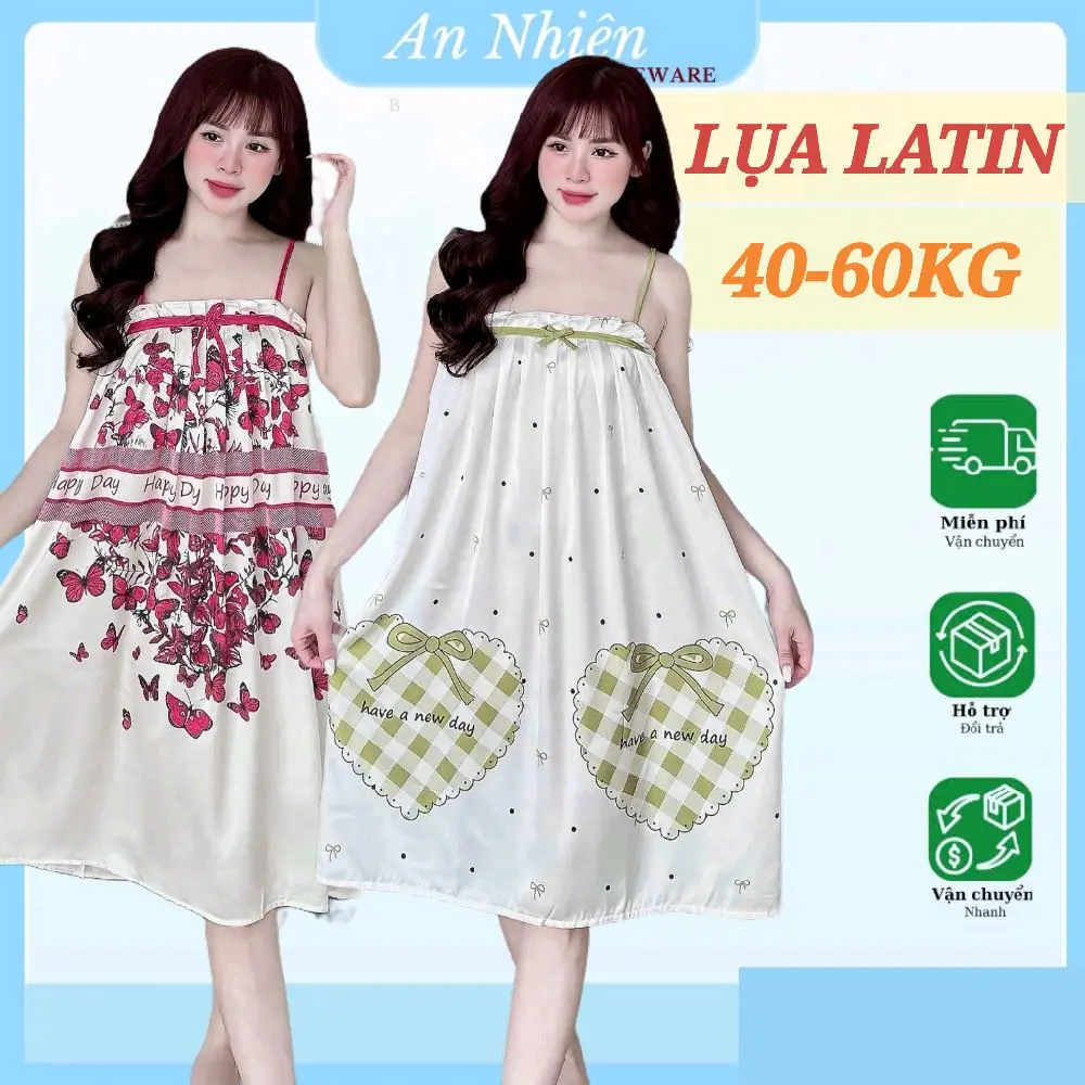 [40-60kg] Đầm ngủ 2 dây xếp ly lụa latin siêu mềm mịn và thoải mái in họa tiết dễ thương