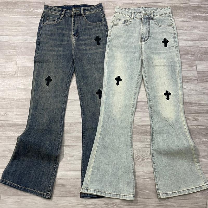 Quần jean loe dài phối thêu chất jean co giãn mềm dài 100cm Nữ Women quan le ống chữ Voi Ong Pants