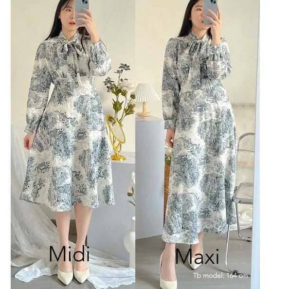 Ibuki Pattern Dress Midi XL / Outfit Wanita Gaun Pesta / Ootd Casual Kekinian Terbaru