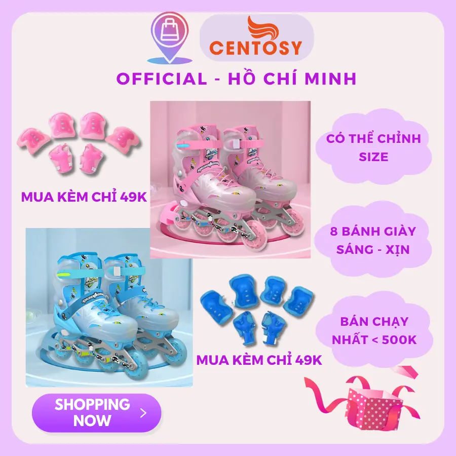 Giày Trượt Patin Trẻ Em Centosy Baby Có 8 Bánh Đèn Sáng, Giày Patin Trẻ Ẻm Form Nhựa Giá Rẻ, Tăng 3 Size Cho Bé Sử Dụng Kid Sneaker Sport