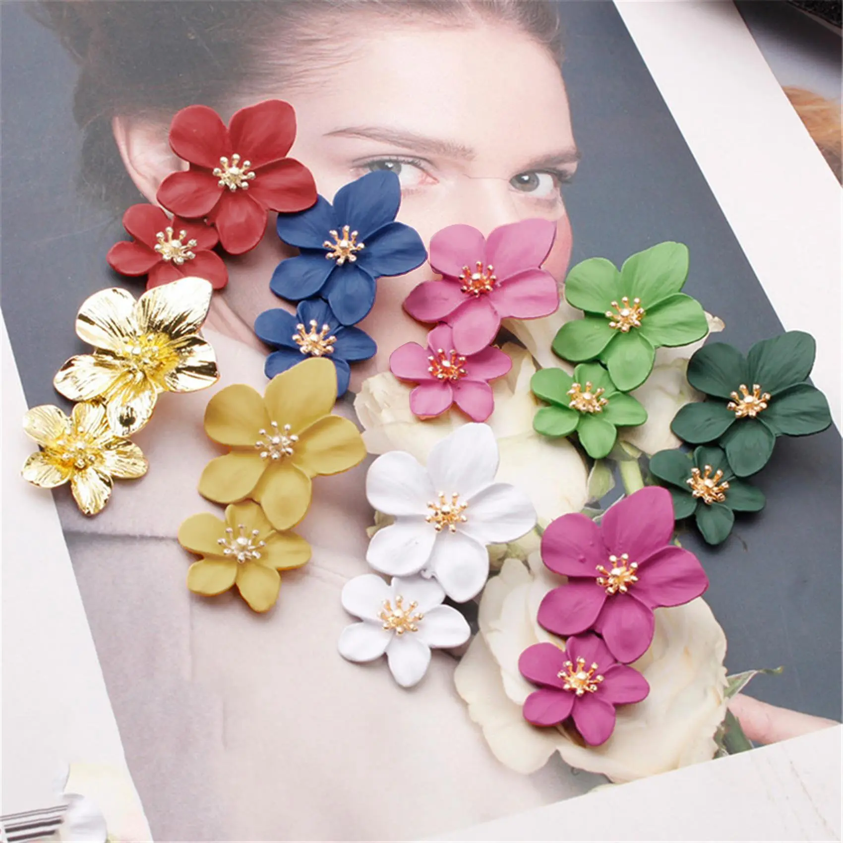 Double Flower Earrings Summer Beach Party Metal Earring Female Girl Gift Sweet Earrings
