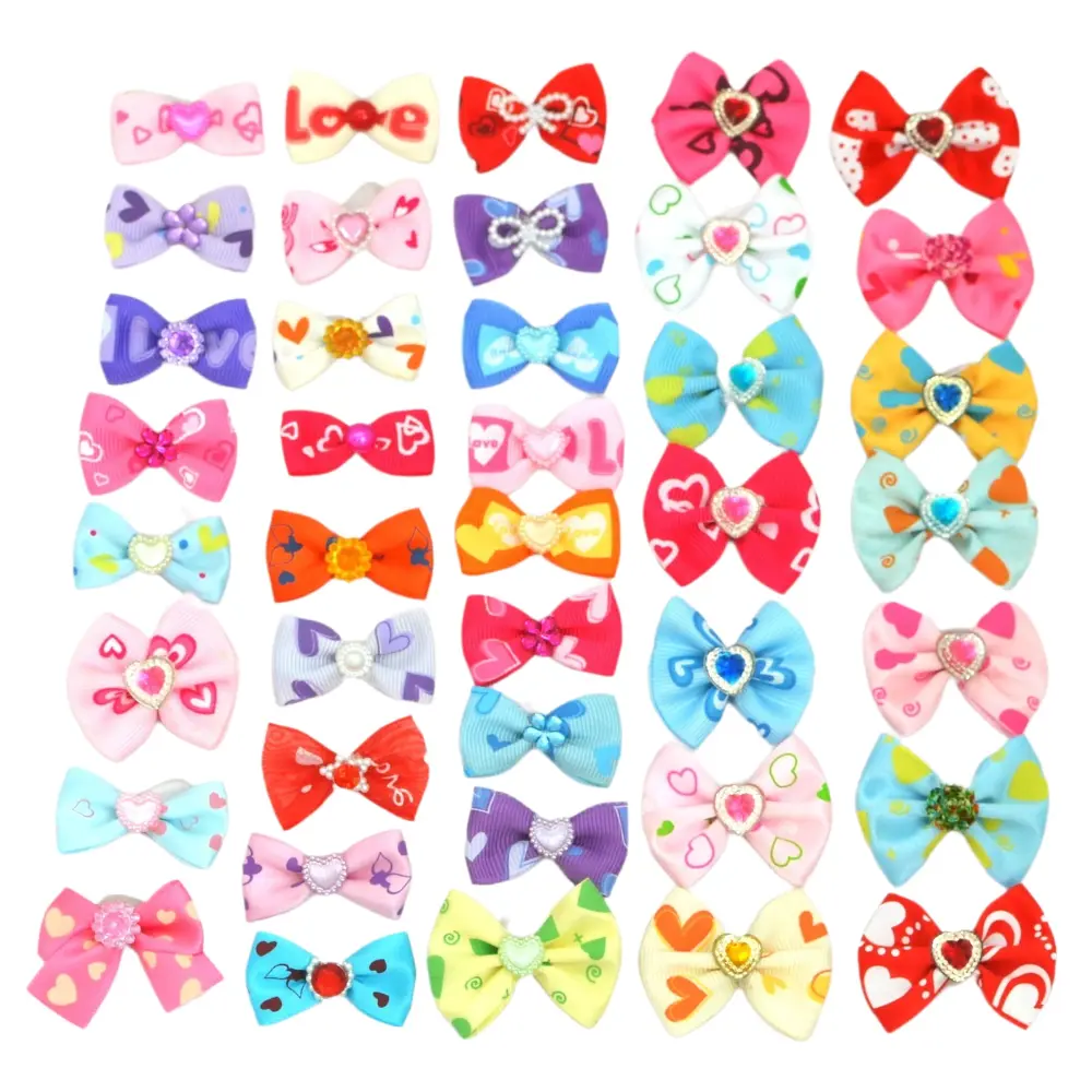 onmini 10PCS New Valentine's Day Dog Bow Knots Handmade Cute Dogs Rubber Bands Heart Pattern Puppy Hair Rope Pet Grooming Accessories