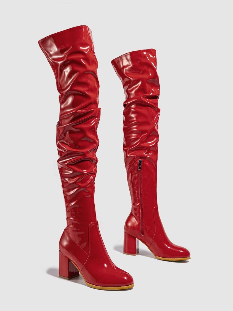 Product Introduction of Women's 2023 New Fashion Pu Over-the-knee High Heeled Boots, Elegant Plain Side Zipper Design Boots, European and American Style Pointed Toe Slouchy Boots for Parties and Evenings 10