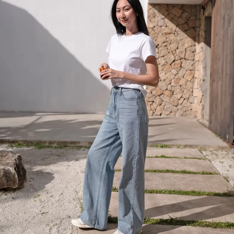 [Hashtagem] Quần Jeans Nữ Ống Rộng Wide Leg Jeans, Lưng Cao, Form Suông Rộng, Màu Xanh Sáng, Chất Cotton Không Co giãn, Wash Hông Thời Trang (WLJ.1) Pants Women Ong 2