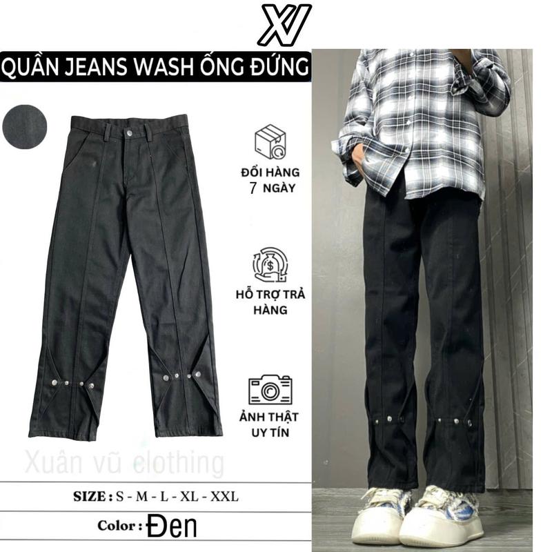 quần suông ống rộng loe nhẹ jean màu đen cúc bấm Menswear Nam Ong Pants Có Túi Loang Đen regular  fit jeans