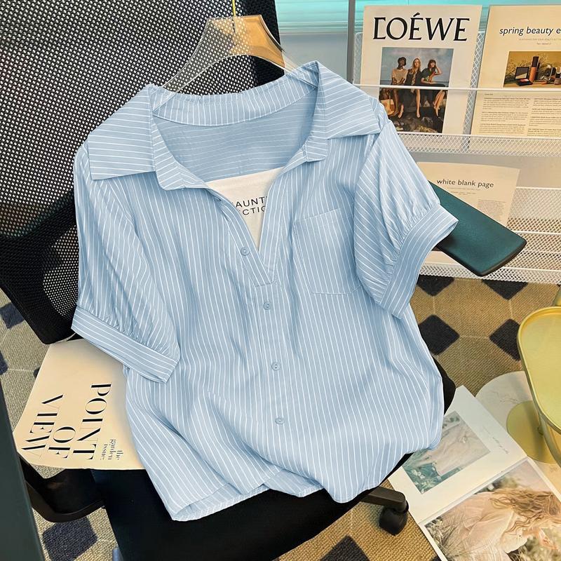 Quần Áo Nữ, Thời Trang Mùa Hè, Dễ Phối Đồ, Bó Sát, In Sọc, ngắn Tay, Áo Sơ Mi Giả Hai Lớp, Siêu Thanh Lịch, Thích Hợp Mặc Mùa Hè, Áo