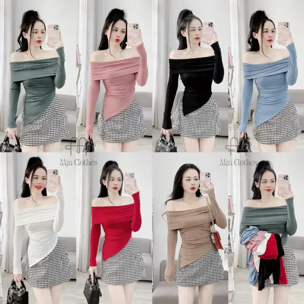 AO16-  (XÃ KHO HÀNG GIẢM 80%) Áo TRỄ vai lai XÉO tay dài thun nhũ Nữ Women