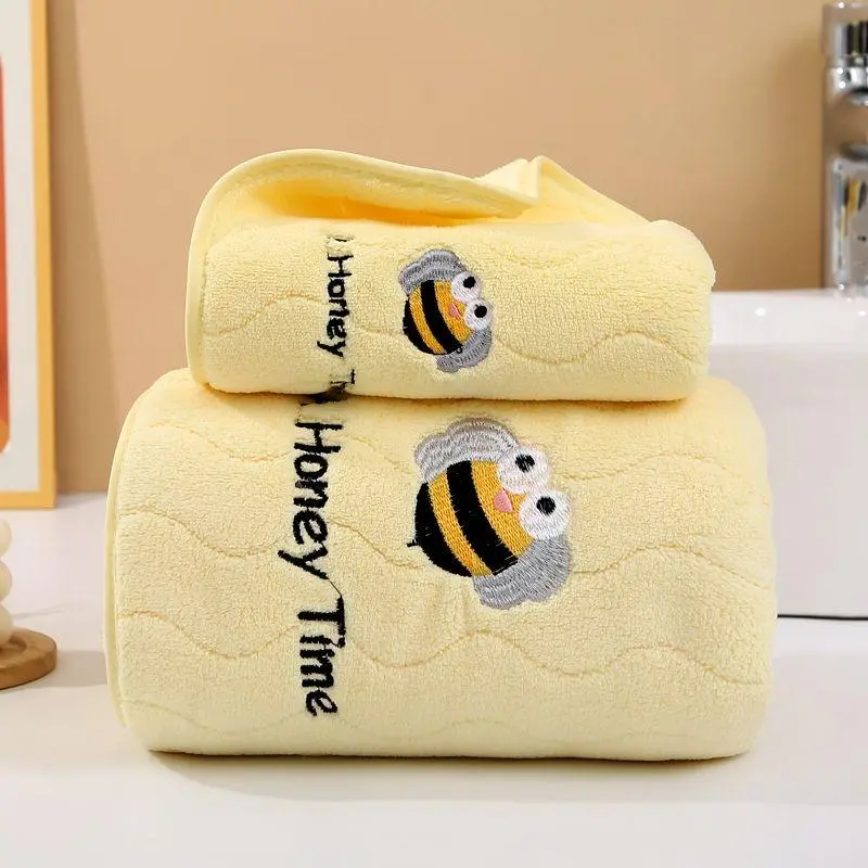 Cute Animal Pattern Bath Towel & Hand Towel Set, 2pcs/set Soft Quick Drying Bath Towel & Hand Towel, Bath Towel Set for Home Bathroom 0