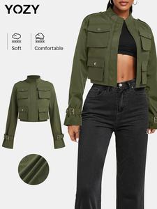 YOZY Women's Solid Color Flap Pocket Zip Up Crop Jacket, Casual Buckle Long Sleeve Mock Neck Outerwear for Fall & Winter, Ladies Clothes for Daily Wear