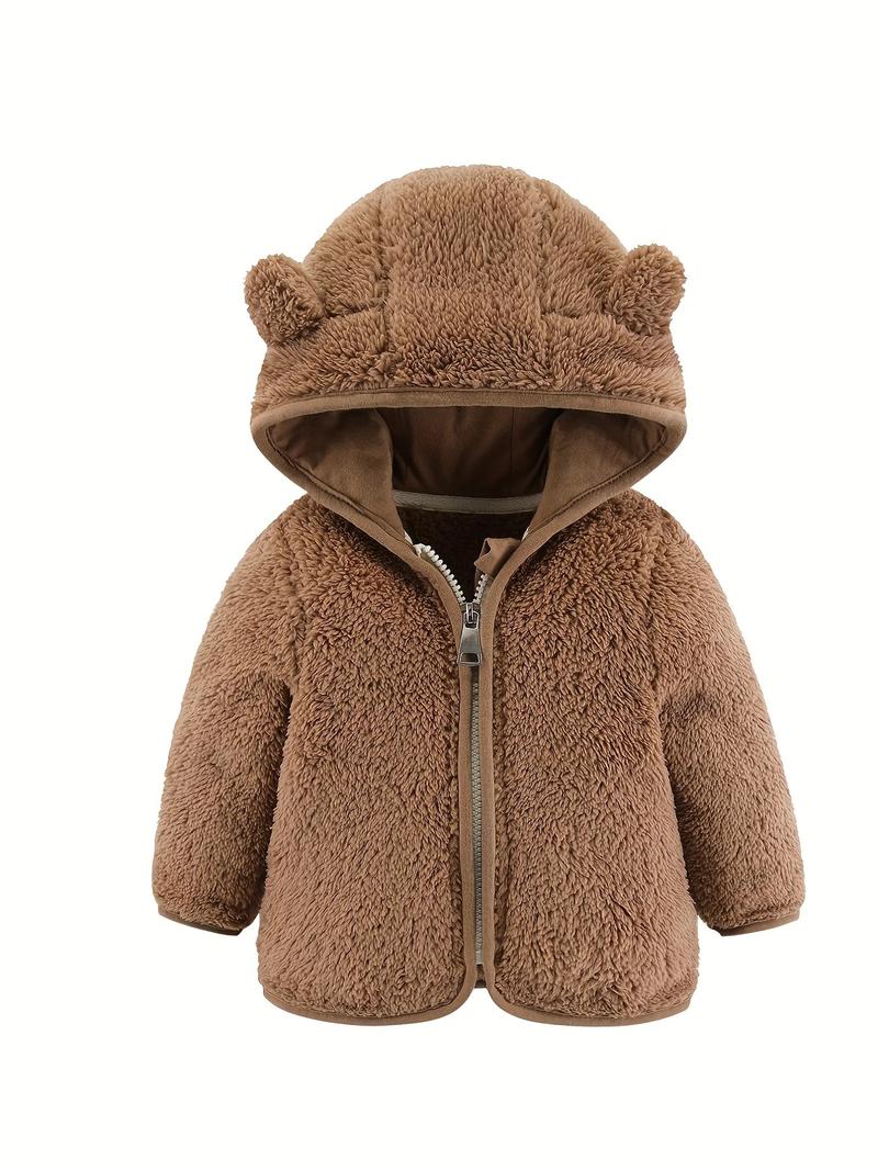 Product Introduction of 0-4 Years Old Spring And Autumn Male And Female Babies Hooded Bear Ears Zipper Warm Long Sleeve Top Solid Color Jacket 7