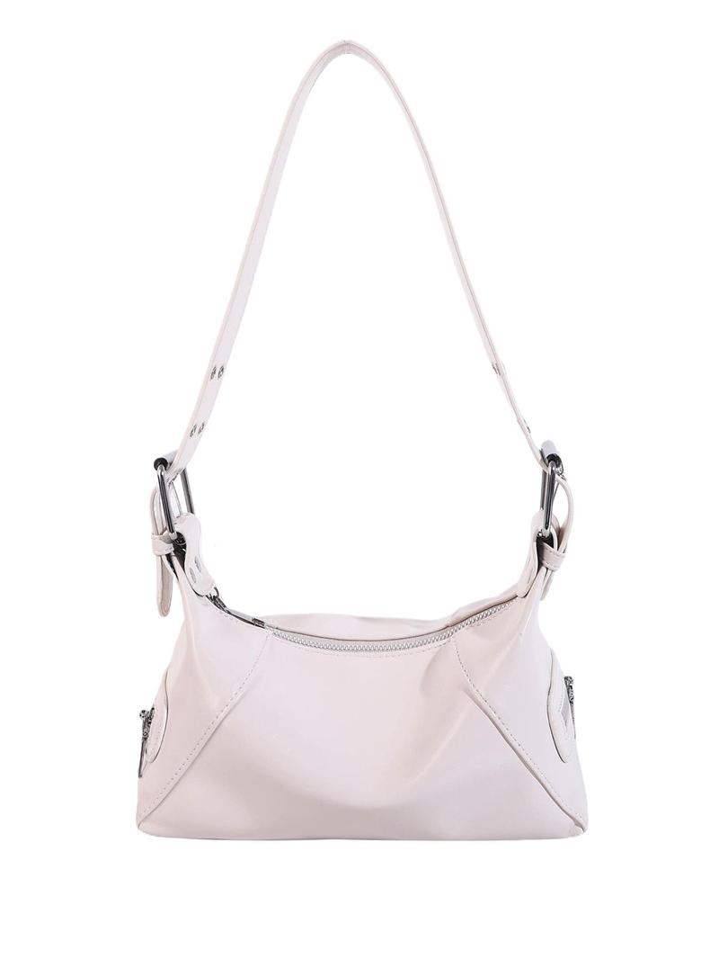 Product Introduction of Women's Elegant Solid Color Shoulder Bag, Fashionable Motorcycle Style Cool Girl Bag, Versatile Outing Bag, Retro Simple Casual Commuting Shoulder Bag 7