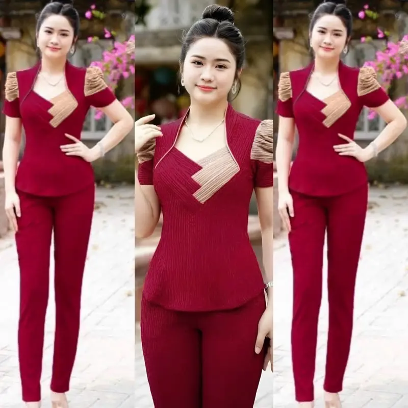 Bộ đồ phối chéo 2 bên tay áo ngắn nhún viền bo, quần ống ôm X111 - Chất liệu Thun xốp nhật co giãn bốn chiều cân đối SEO 4