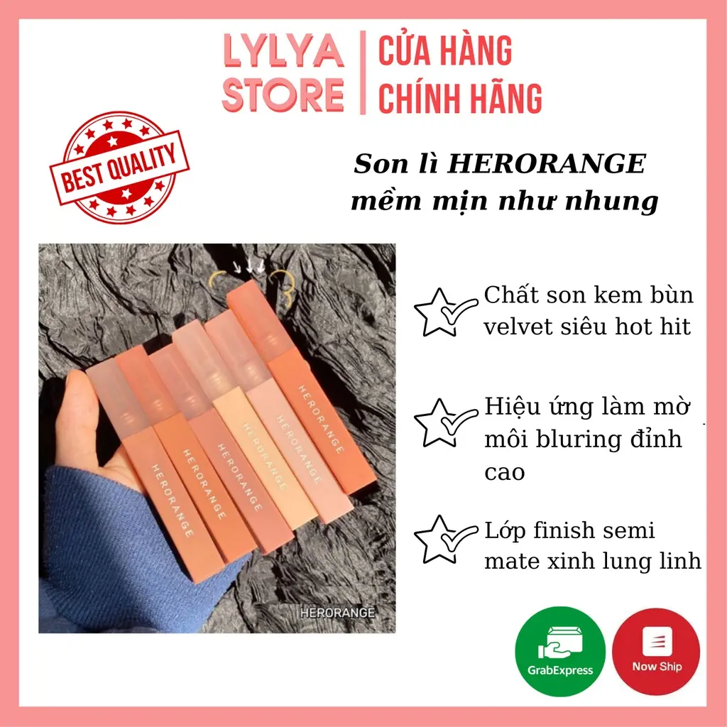 Son Kem HERORANGE thiết kế vuông mềm mịn lâu trôi chống thấm nước Lylya Store