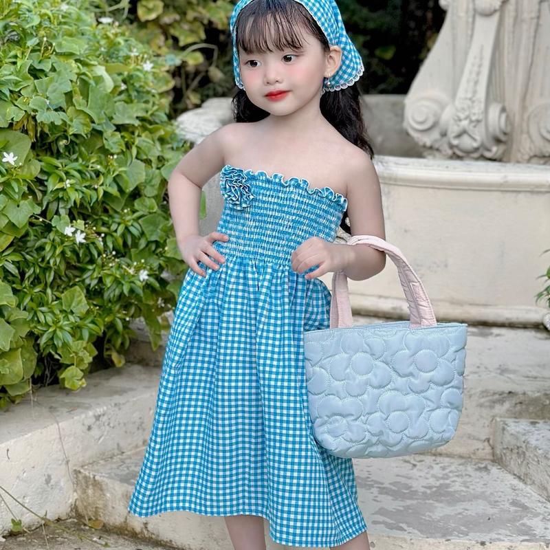 Váy maxi thun smock có cài áo hoa, kèm khăn 3
