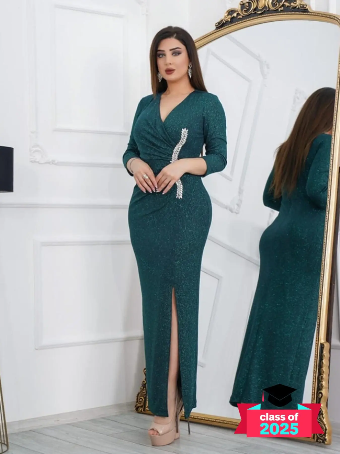 Women's Glitter Sequins V Neck Long Sleeve Dress, Elegant Evening Party Gown, Ladies Spring & Fall Clothes