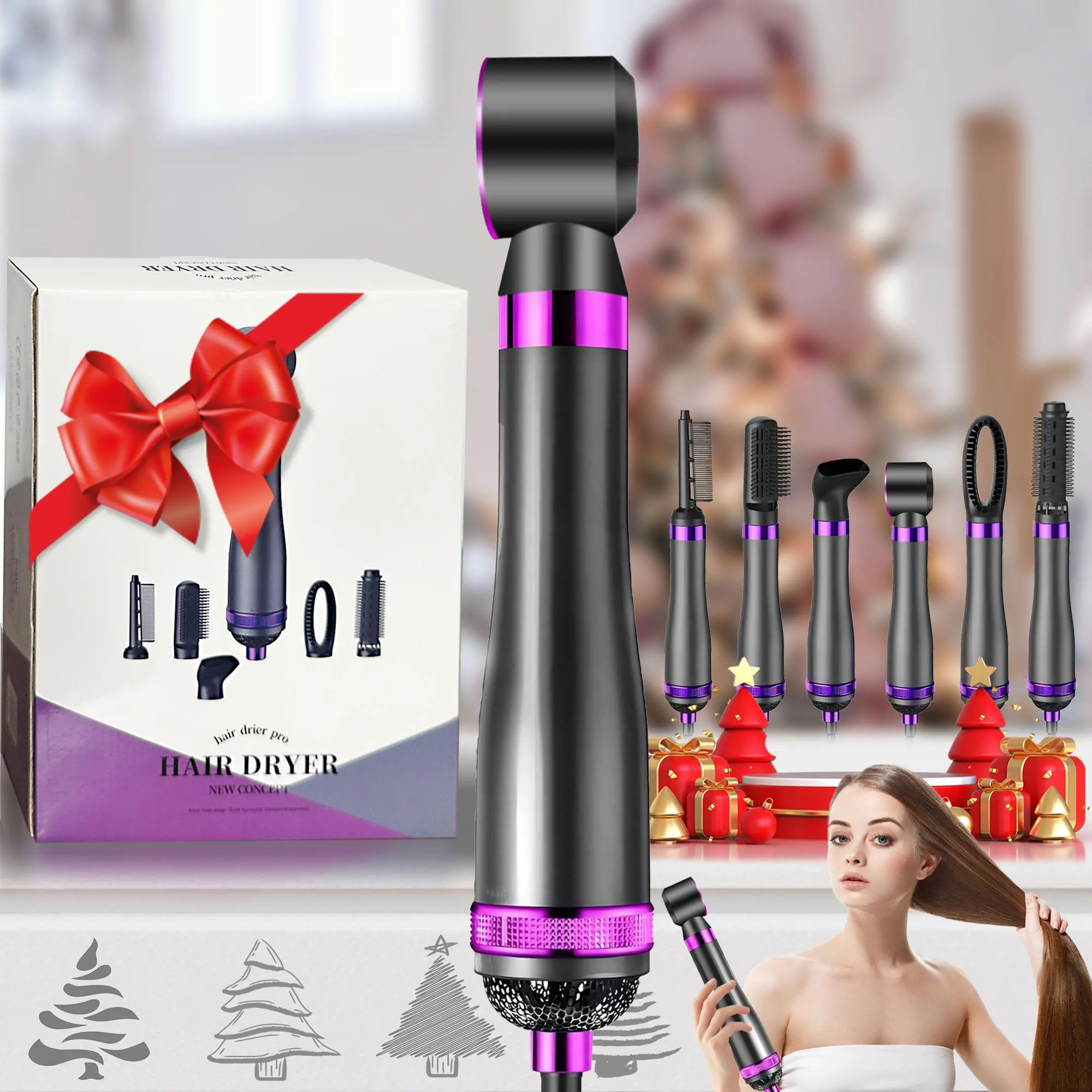 6 in 1 Hair Dryer, 1 Set Hair Dryer with 6 Different Styling Nozzles, Multifunctional Hot Air Comb, Blow Drying Comb, Ionic Hair Dryer, Styling Combs for Different Needs, Magic Airwrap, Stocking Fillers, Valentine's Day Gift