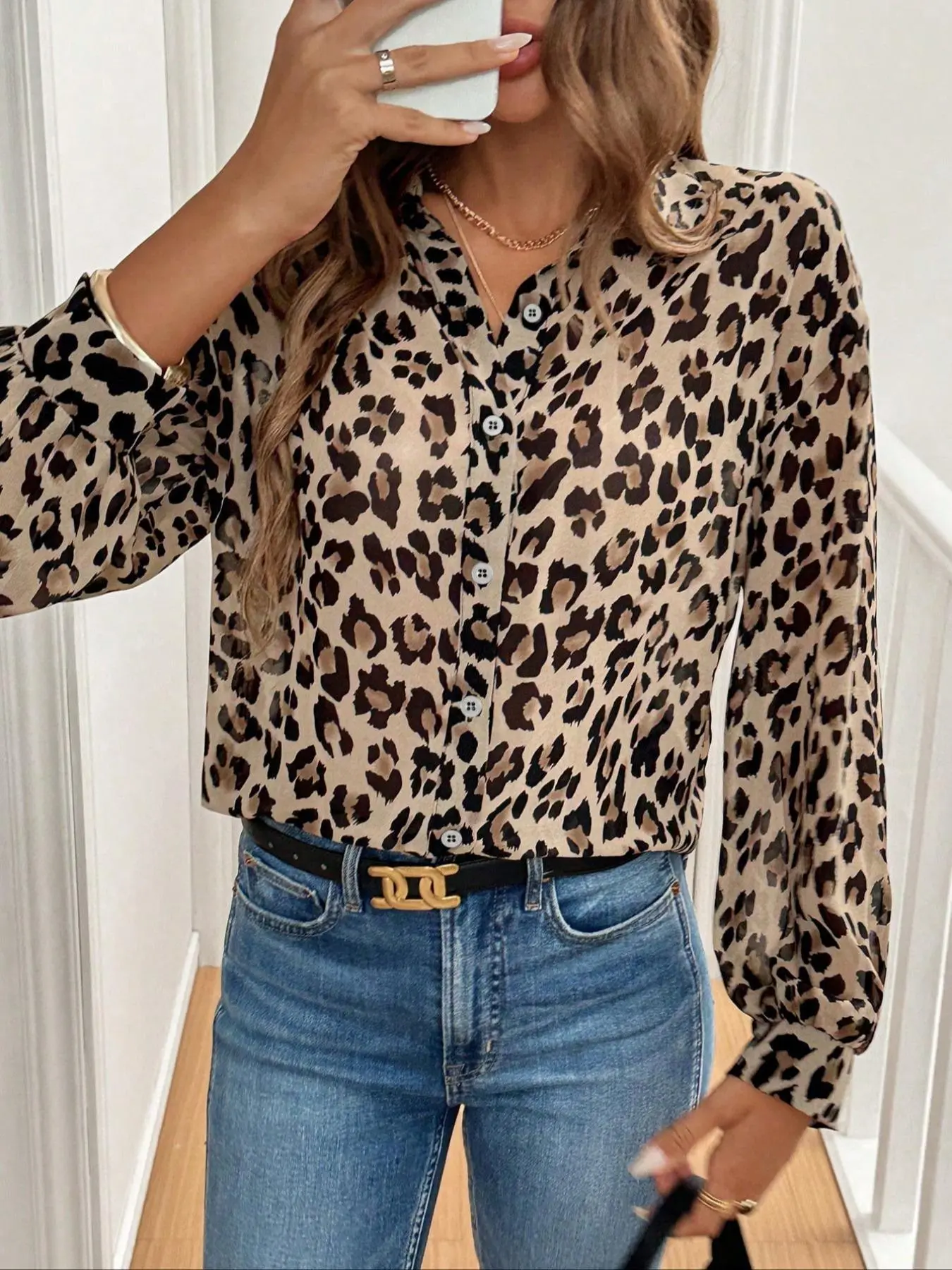 Women's Leopard Print Button Front Shirt, Casual Chic Long Sleeve Collared Top for Daily Wear, Ladies Chic Clothes for All Seasons