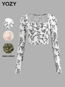 YOZY Women's Floral Print Ruched Crop Tee, Casual Square Neck Long Sleeve T-shirt for Daily Wear, Ladies Clothes for All Seasons