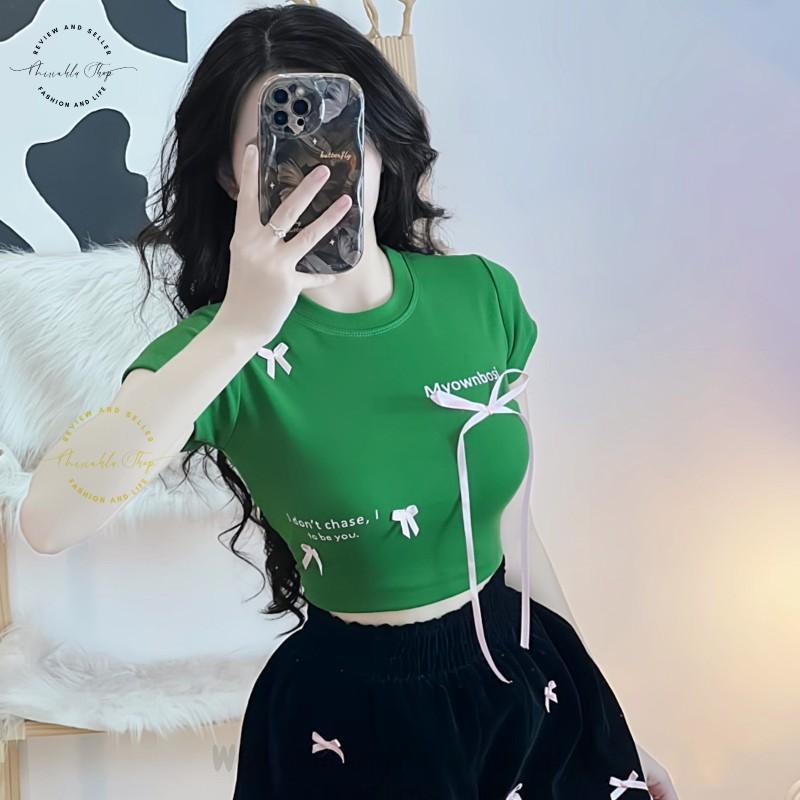 Product Introduction of Áo Croptop Borip Basic Ôm Body In Chữ "I Don't Chase" Đính Nơ Dài, MLS11, Women Thun Sen Sò Hoa Sen Trắng Kem Tre Cổ Tròn Dáng Ngắn 25